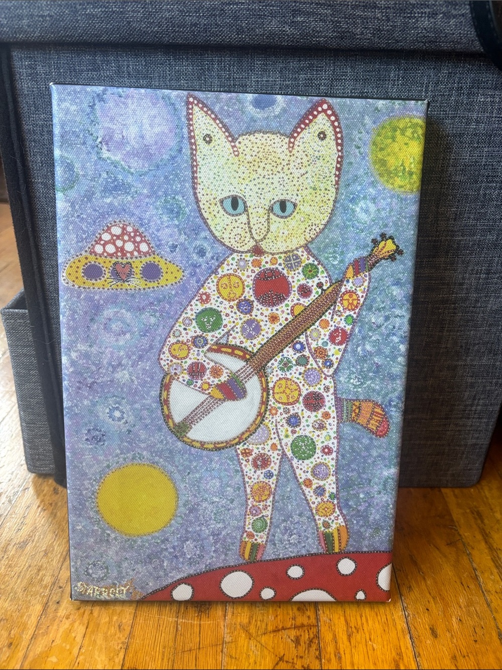 Hand-Painted Cat with Banjo Canvas Art - Multicolor